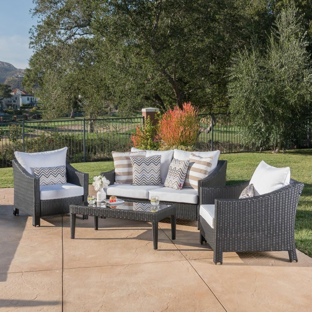 Noble House 4 Piece Wicker Patio Conversation Set With White Cushions Inside Patio Conversation Sets And Cushions (View 11 of 15)