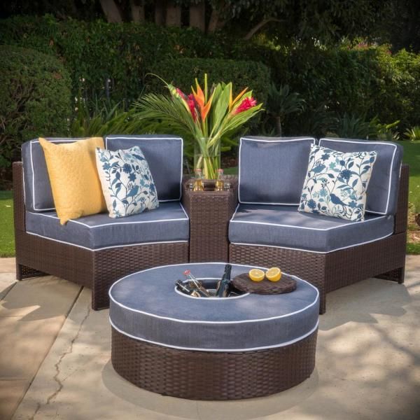 Noble House 4 Piece Wicker Patio Sectional Seating Set With Navy Blue With Blue Cushion Patio Conversation Set (View 9 of 15)