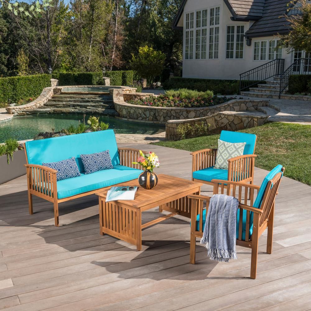 Noble House 4 Piece Wood Patio Conversation Set With Teal Cushions Throughout Indoor Outdoor Conversation Sets (View 4 of 15)