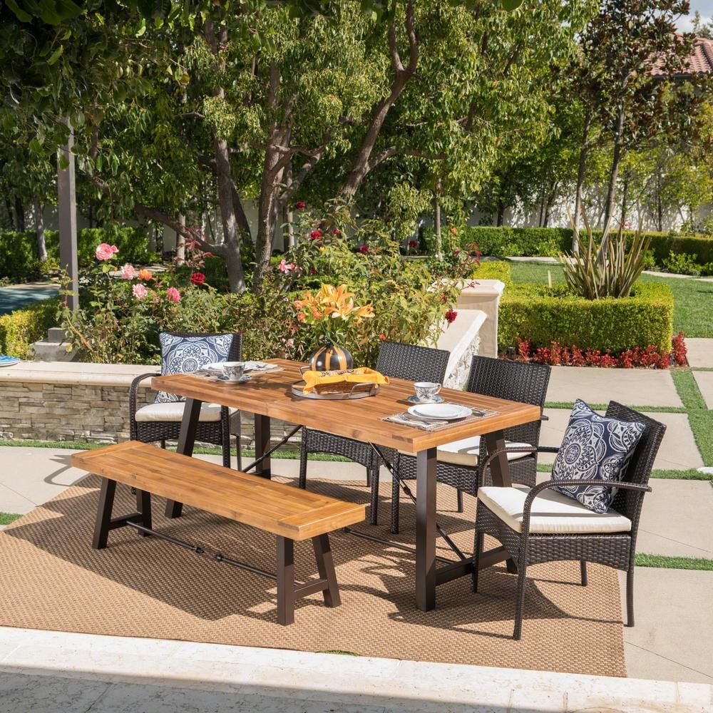 Noble House 6 Piece Wicker, Wood And Iron Rectangular Outdoor Dining Throughout Wicker Rectangular Patio Dining Sets (View 4 of 15)