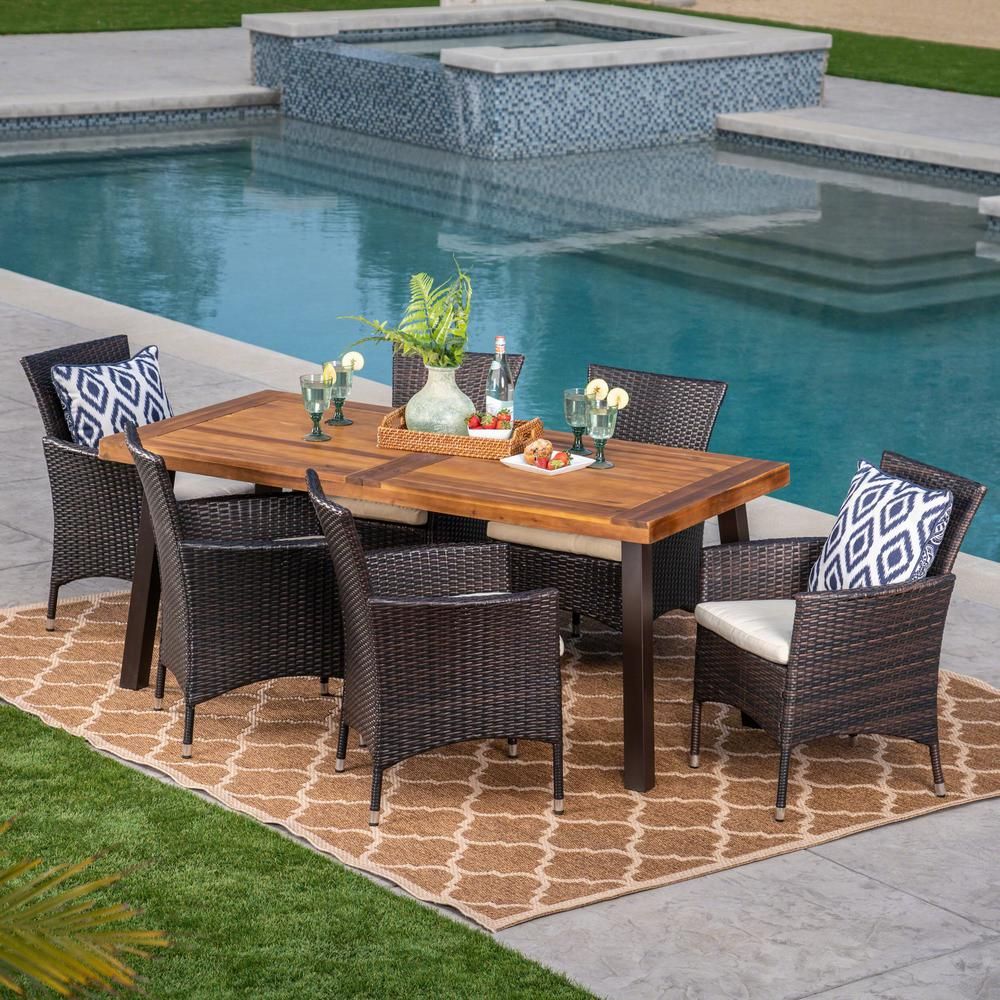 Noble House 7 Piece Wicker, Wood And Iron Rectangular Outdoor Dining Within 7 Piece Patio Dining Sets With Cushions (View 9 of 15)
