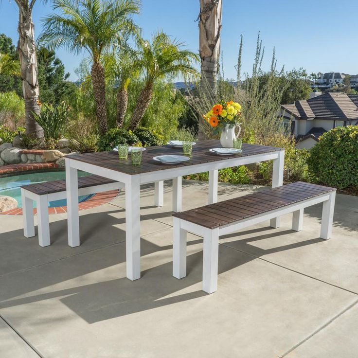 Noble House Bali White 3 Piece Wood Rectangular Outdoor Dining Set Inside White 3 Piece Outdoor Seating Patio Sets (View 12 of 15)