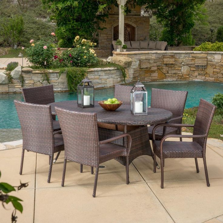 Noble House Blakely Multi Brown 7 Piece Wicker Outdoor Dining Set 6159 Regarding Brown Wicker Rectangular Patio Dining Sets (View 6 of 15)