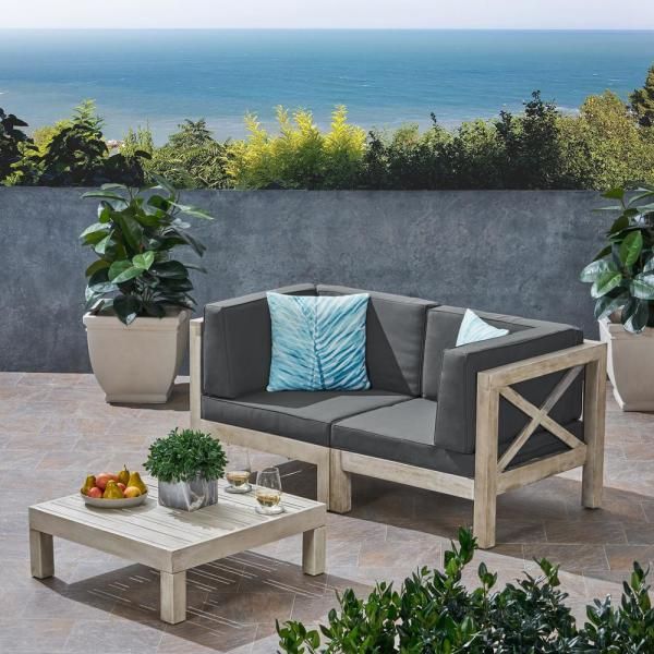 Noble House Brava Weathered Grey 3 Piece Wood Patio Conversation Intended For Gray Wood Outdoor Conversation Sets (View 11 of 15)