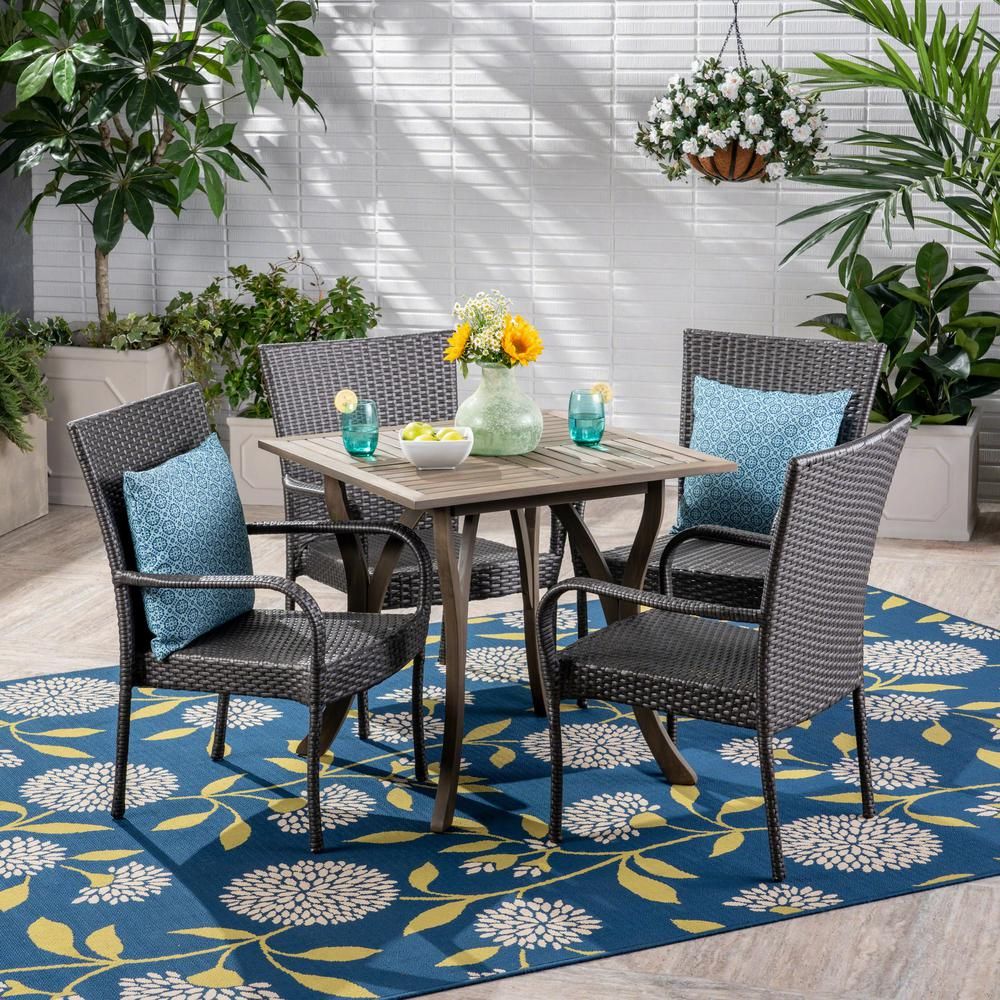 Noble House Briar Gray 5 Piece Wood And Wicker Outdoor Dining Set In Gray Wicker 5 Piece Round Patio Dining Sets (View 8 of 15)