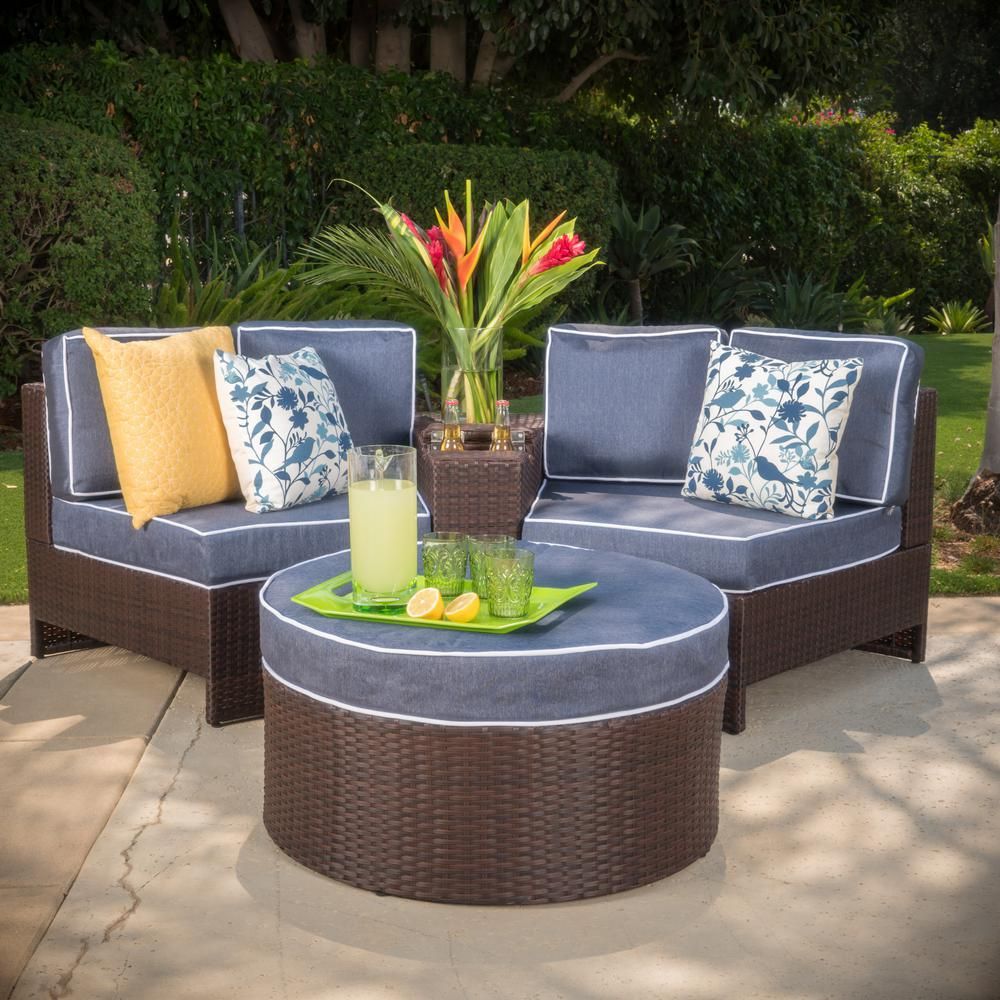 Noble House Brown 4 Piece Wicker Patio Sectional Seating Set With Navy With 4 Piece Outdoor Seating Patio Sets (View 6 of 15)