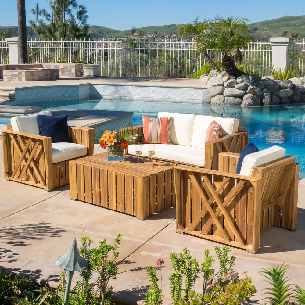 Noble House Cadence Natural 4 Piece Wood Patio Conversation Set With Throughout Patio Conversation Sets And Cushions (View 10 of 15)