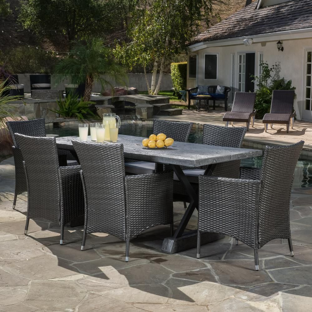 Noble House Capri Gray 7 Piece Wicker Outdoor Dining Set With Grey Pertaining To Gray Wicker Rectangular Patio Dining Sets (View 8 of 15)