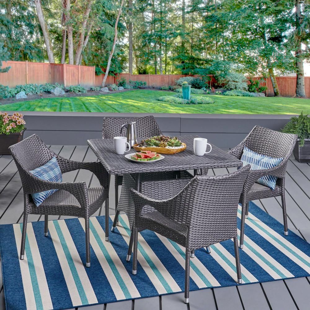 Noble House Cayden Grey 5 Piece Wicker Square Outdoor Dining Set With Regarding 5 Piece Outdoor Bench Dining Sets (View 4 of 15)