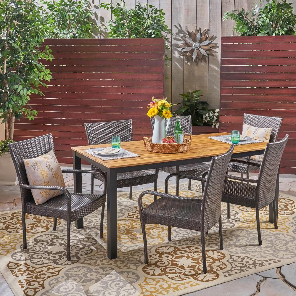 Noble House Coleman 7 Piece Teak Brown Wood And Grey Wicker Outdoor Throughout 7 Pieces Teak Outdoor Dining Sets (View 14 of 15)