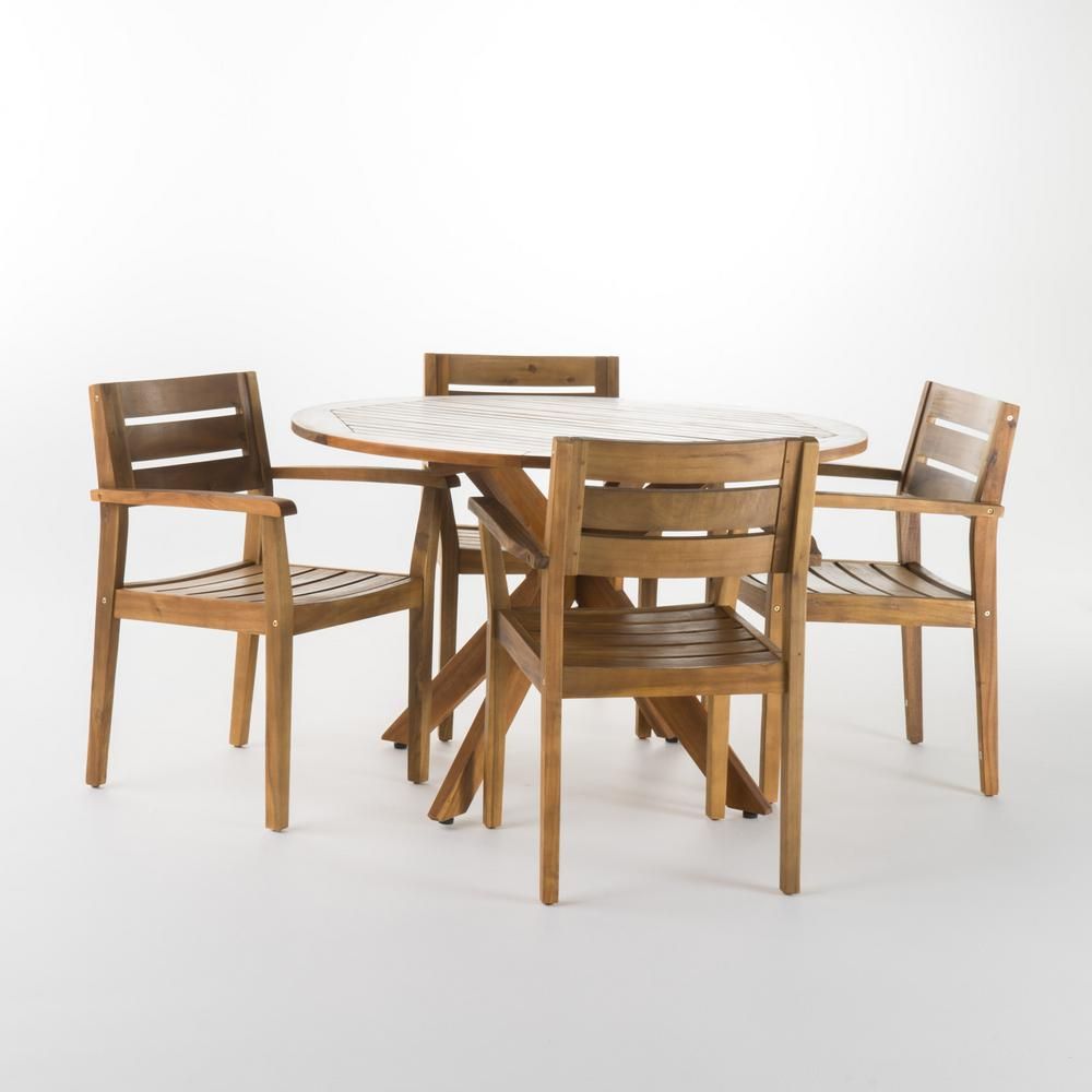 Noble House Darius 5 Piece Acacia Wood Round Outdoor Dining Set 300539 Pertaining To Acacia Wood Outdoor Seating Patio Sets (View 13 of 15)