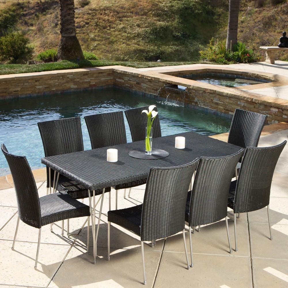 Noble House Fairfield Black 9 Piece Wicker Outdoor Dining Set | Wicker Pertaining To 9 Piece Patio Dining Sets (View 14 of 15)