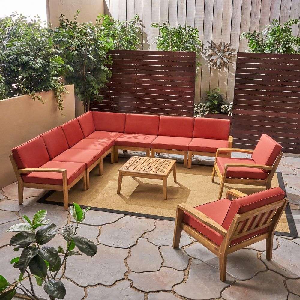 Noble House Grenada Teak Brown 10 Piece Wood Patio Conversation Set For Red Loveseat Outdoor Conversation Sets (View 5 of 15)
