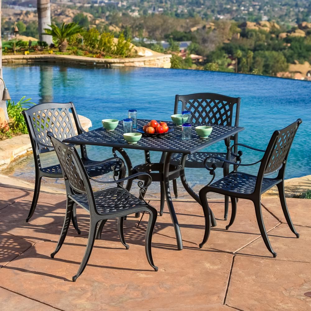 Noble House Hallandale Black 5 Piece Aluminum Square Outdoor Dining Set Inside 5 Piece Patio Dining Set (View 6 of 15)