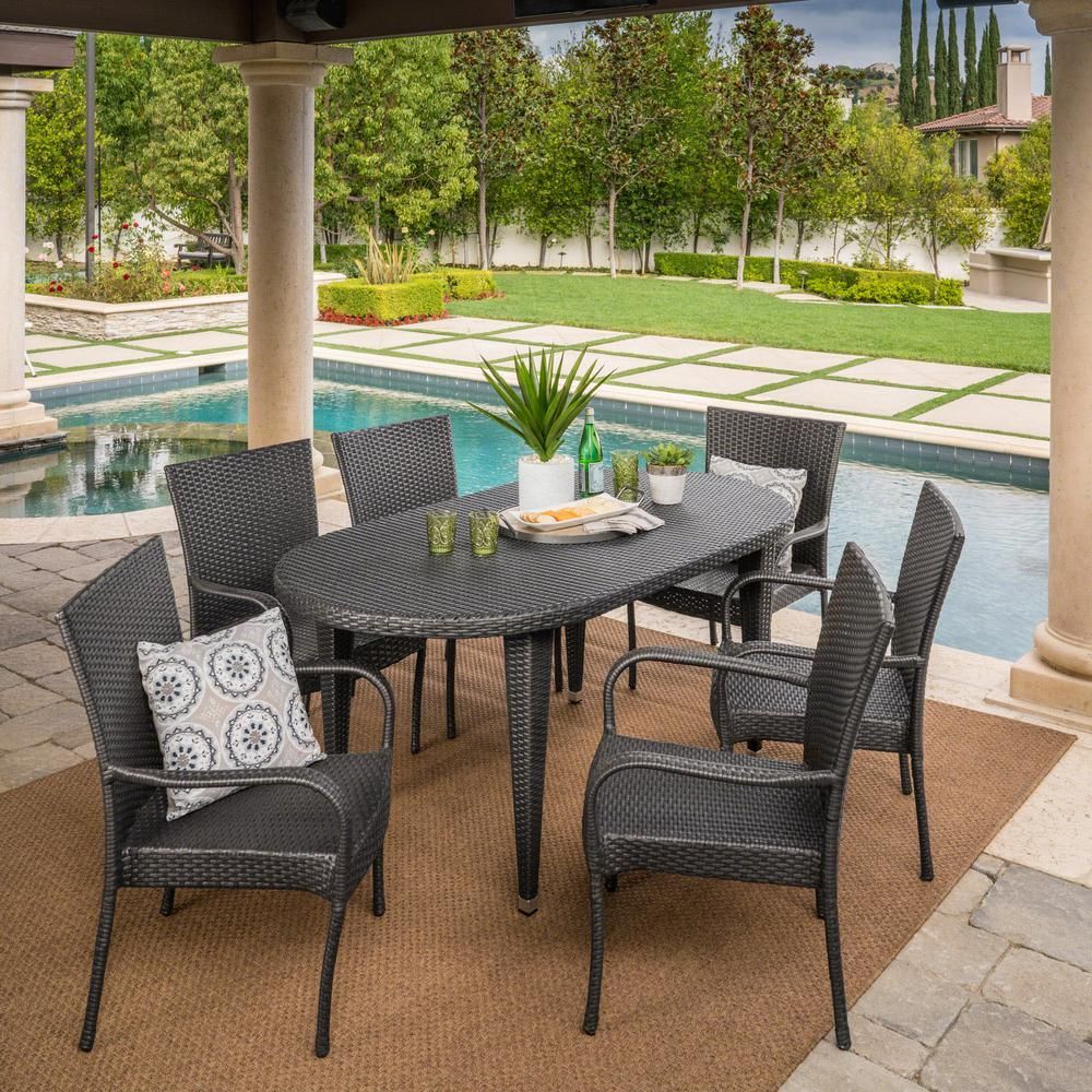 Noble House Jayson Grey 7 Piece Wicker Oval Outdoor Dining Set With Pertaining To Gray Wicker Rectangular Patio Dining Sets (View 15 of 15)