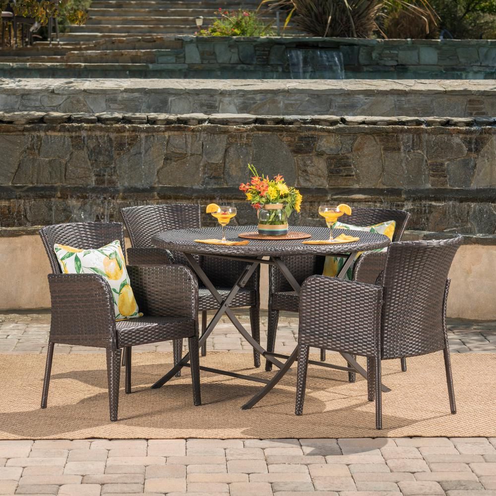 Noble House Jefferson Multi Brown 5 Piece Wicker Round Outdoor Dining For 5 Piece Round Patio Dining Sets (View 9 of 15)