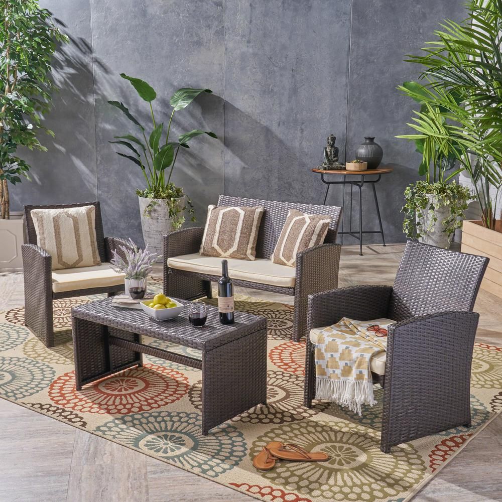 Noble House Jonas Multi Brown 4 Piece Wicker Patio Conversation Set Throughout Brown Patio Conversation Sets With Cushions (View 15 of 15)