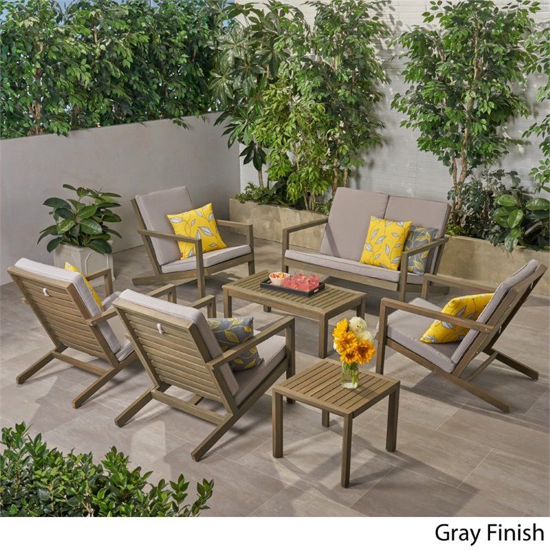 Noble House Leah 7 Piece Outdoor Acacia Wood Conversation Set In Gray Inside Gray Wood Outdoor Conversation Sets (View 14 of 15)