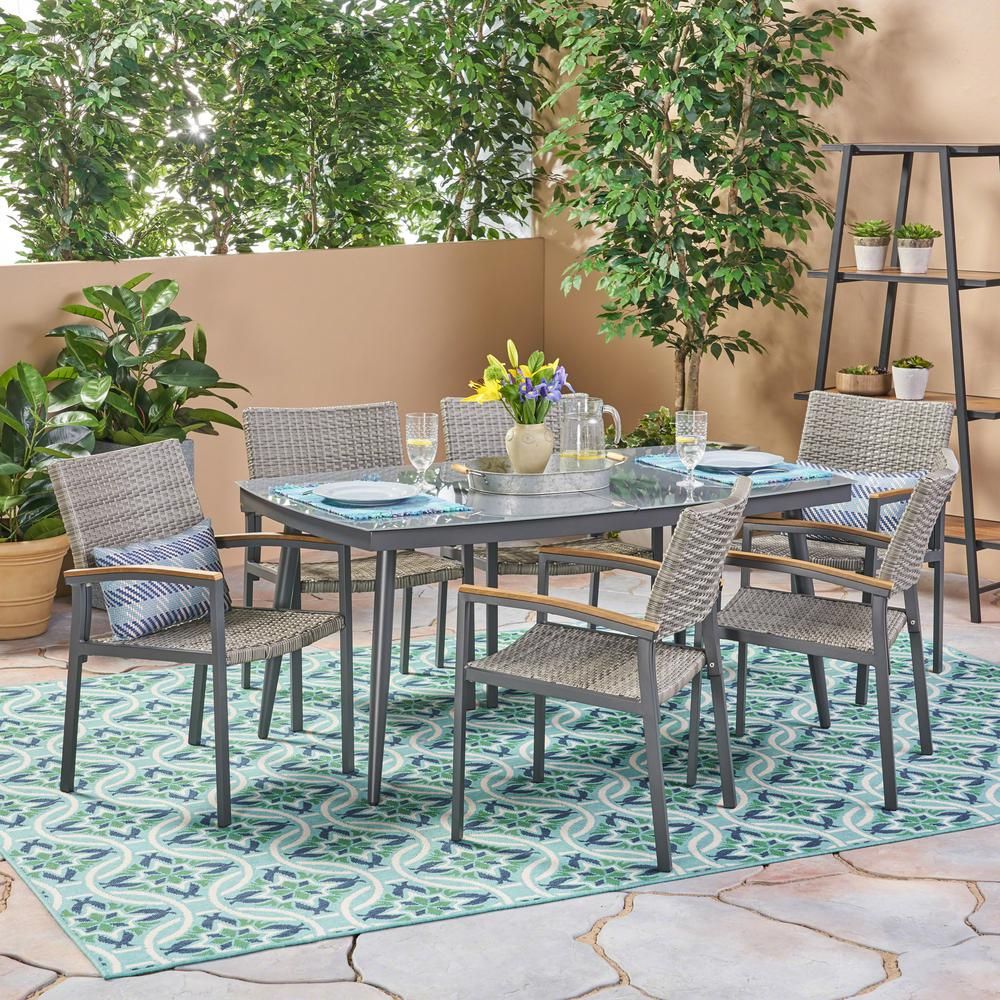 Noble House Liverpool Gray 7 Piece Aluminum And Wicker Outdoor Dining With Regard To 7 Piece Small Patio Dining Sets (View 4 of 15)