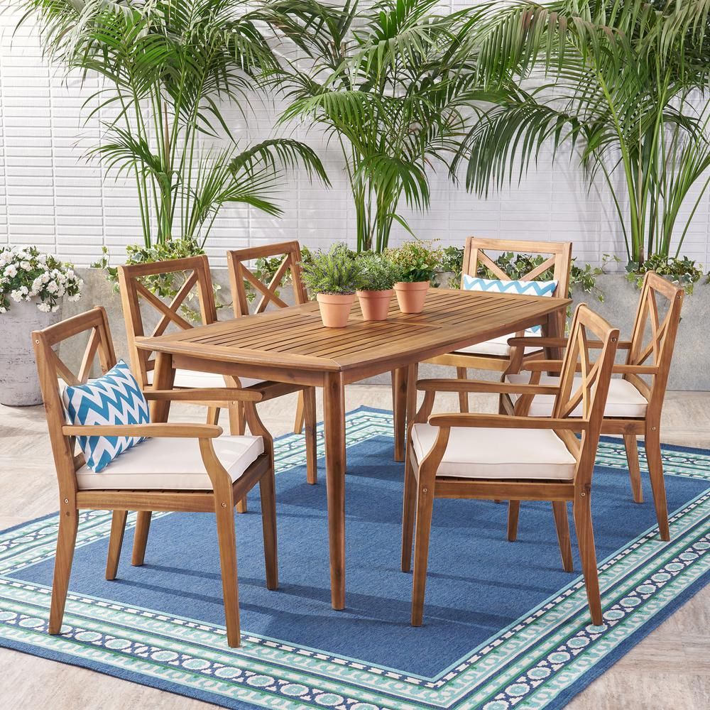 Noble House Llano Teak Brown 7 Piece Wood Outdoor Dining Set With Cream With Regard To Teak Armchair Round Patio Dining Sets (View 7 of 15)