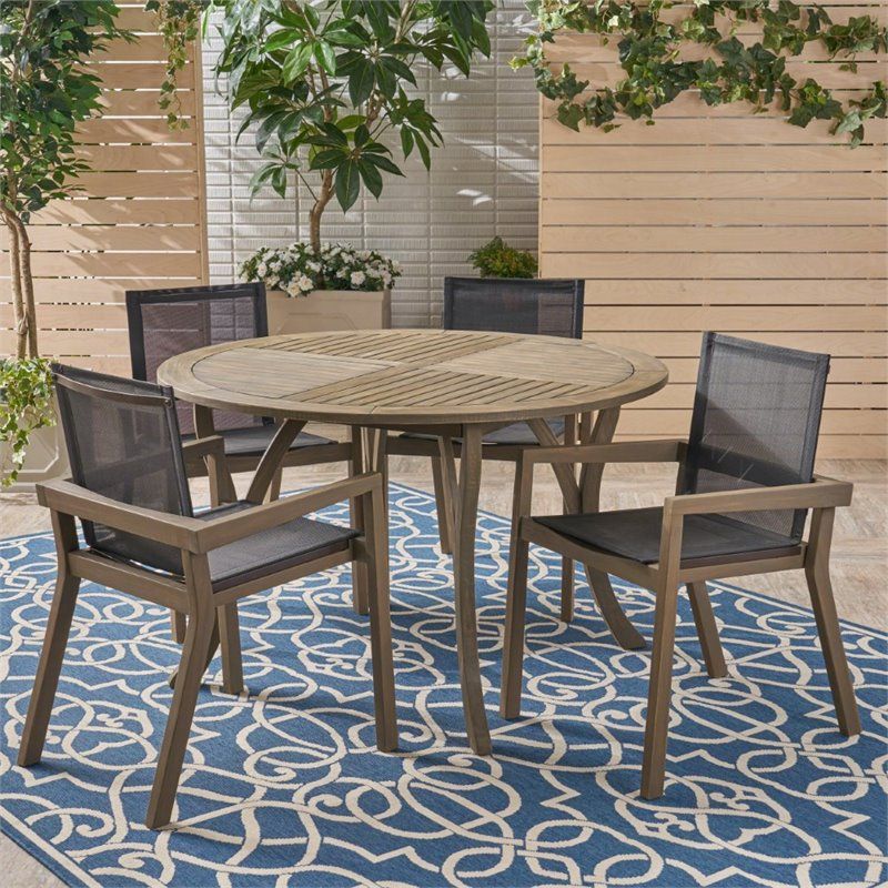 Noble House Lockett 5 Piece Outdoor Round Dining Set In Gray And Black With Gray Wicker 5 Piece Round Patio Dining Sets (View 1 of 15)