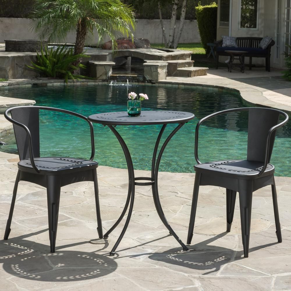 Noble House Lourdes Black Sand 3 Piece Metal Round Outdoor Bistro Set Regarding 3 Piece Outdoor Table And Chair Sets (View 9 of 15)