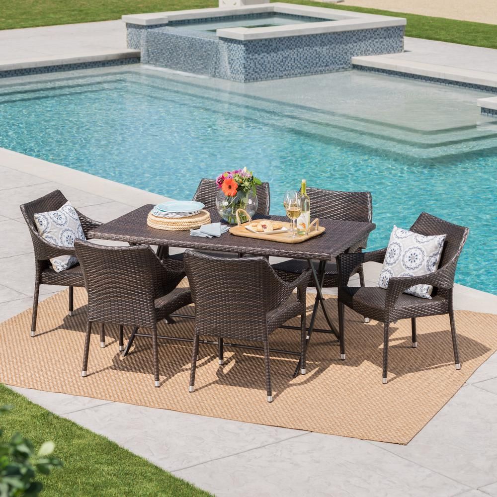 Noble House Madeleine Multi Brown 7 Piece Wicker Outdoor Dining Set Within 7 Piece Large Patio Dining Sets (View 5 of 15)