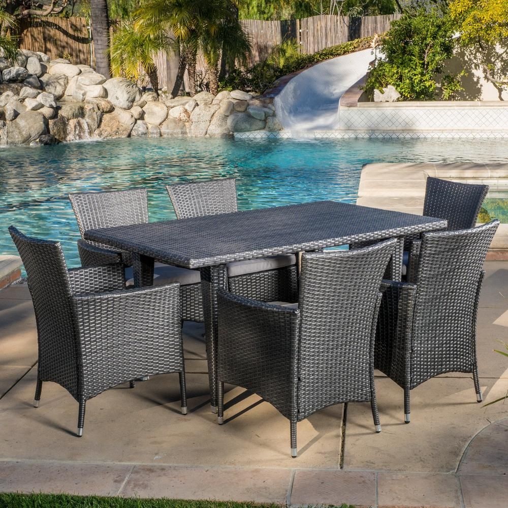 Noble House Malta Grey 7 Piece Wicker Rectangular Outdoor Dining Set Throughout 7 Piece Small Patio Dining Sets (View 5 of 15)
