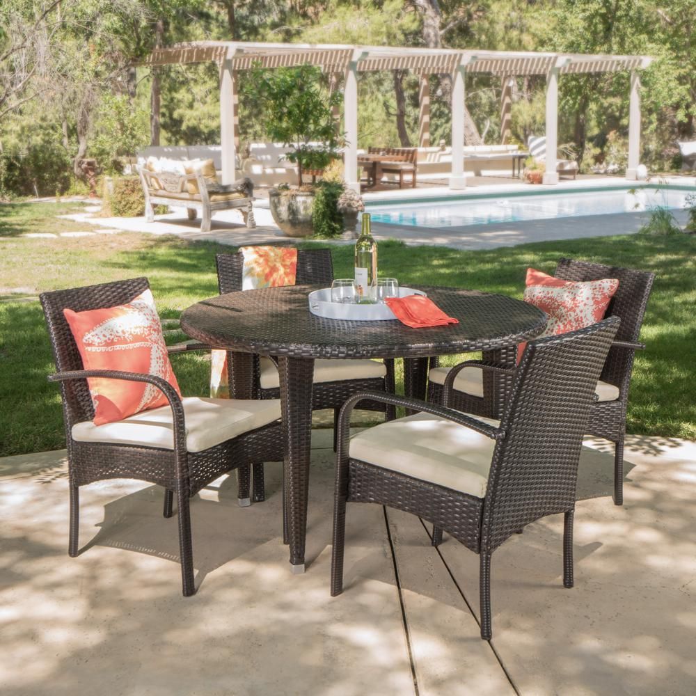 Noble House Manuel Multibrown 5 Piece Wicker Round Outdoor Dining Set Regarding Round 5 Piece Outdoor Dining Set (View 3 of 15)