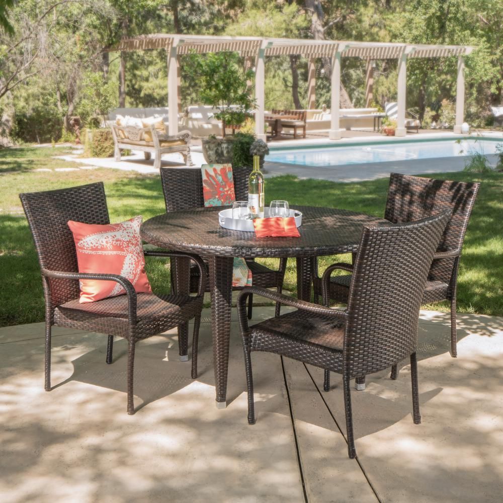 Noble House Marlon Multibrown 5 Piece Wicker Round Outdoor Dining Set Intended For 5 Piece Round Patio Dining Sets (View 14 of 15)