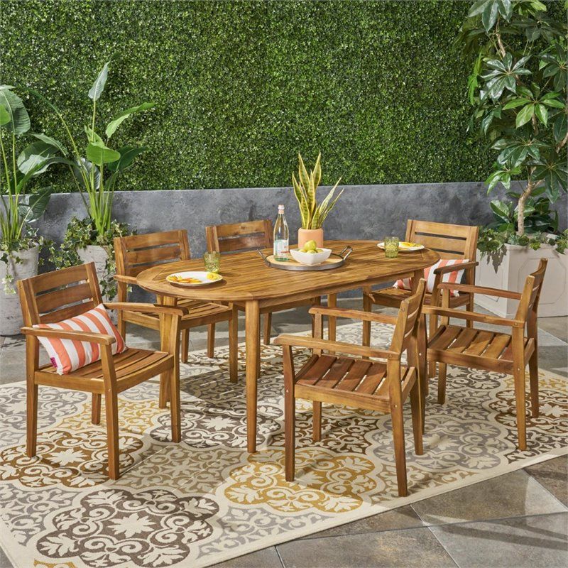 Noble House Midvale 7 Piece Outdoor Acacia Wood Dining Set In Teak – 307534 Within 7 Piece Teak Wood Dining Sets (View 4 of 15)
