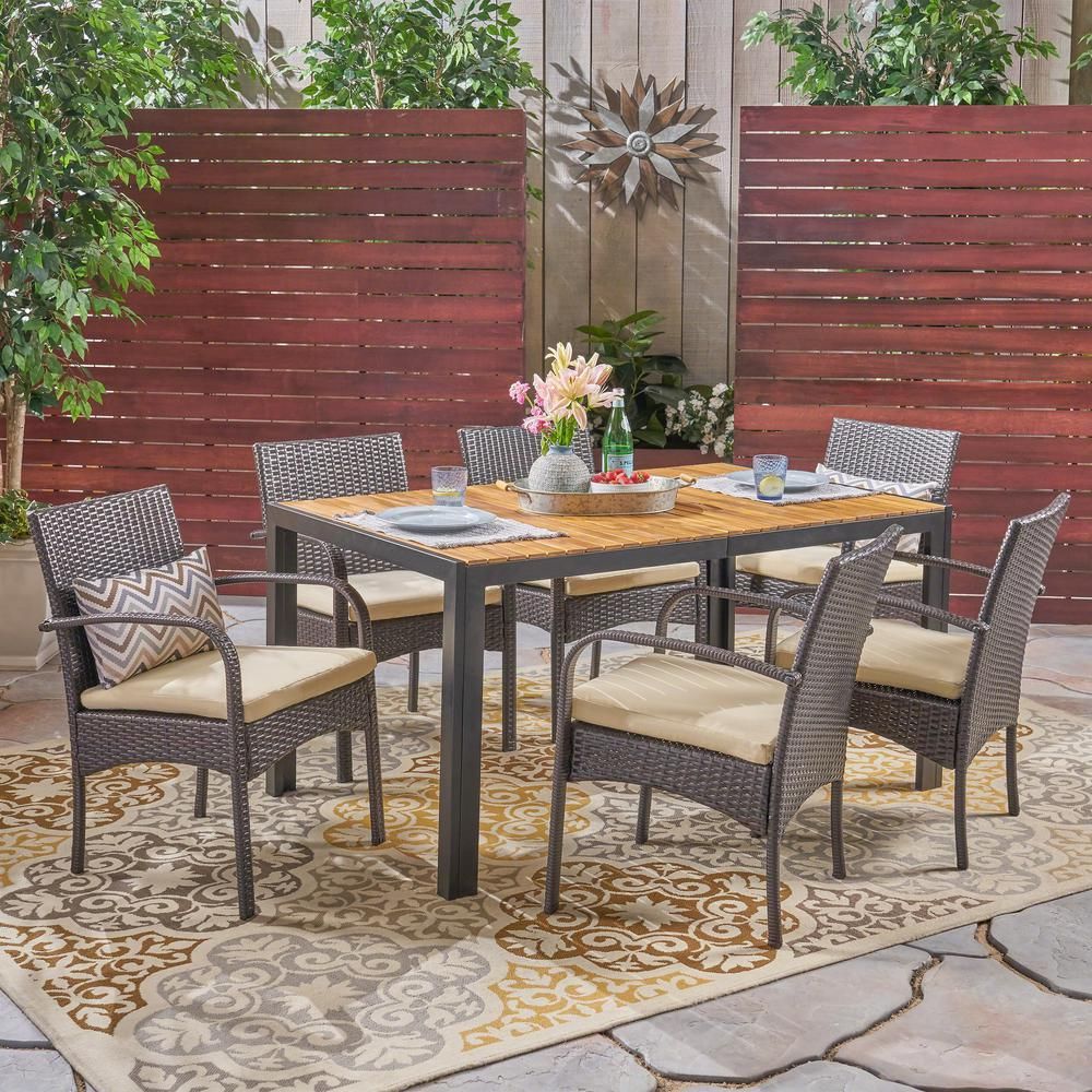 Noble House Miles Teak Brown 7 Piece Wood And Multi Brown Wicker For Teak Wicker Outdoor Dining Sets (View 2 of 15)
