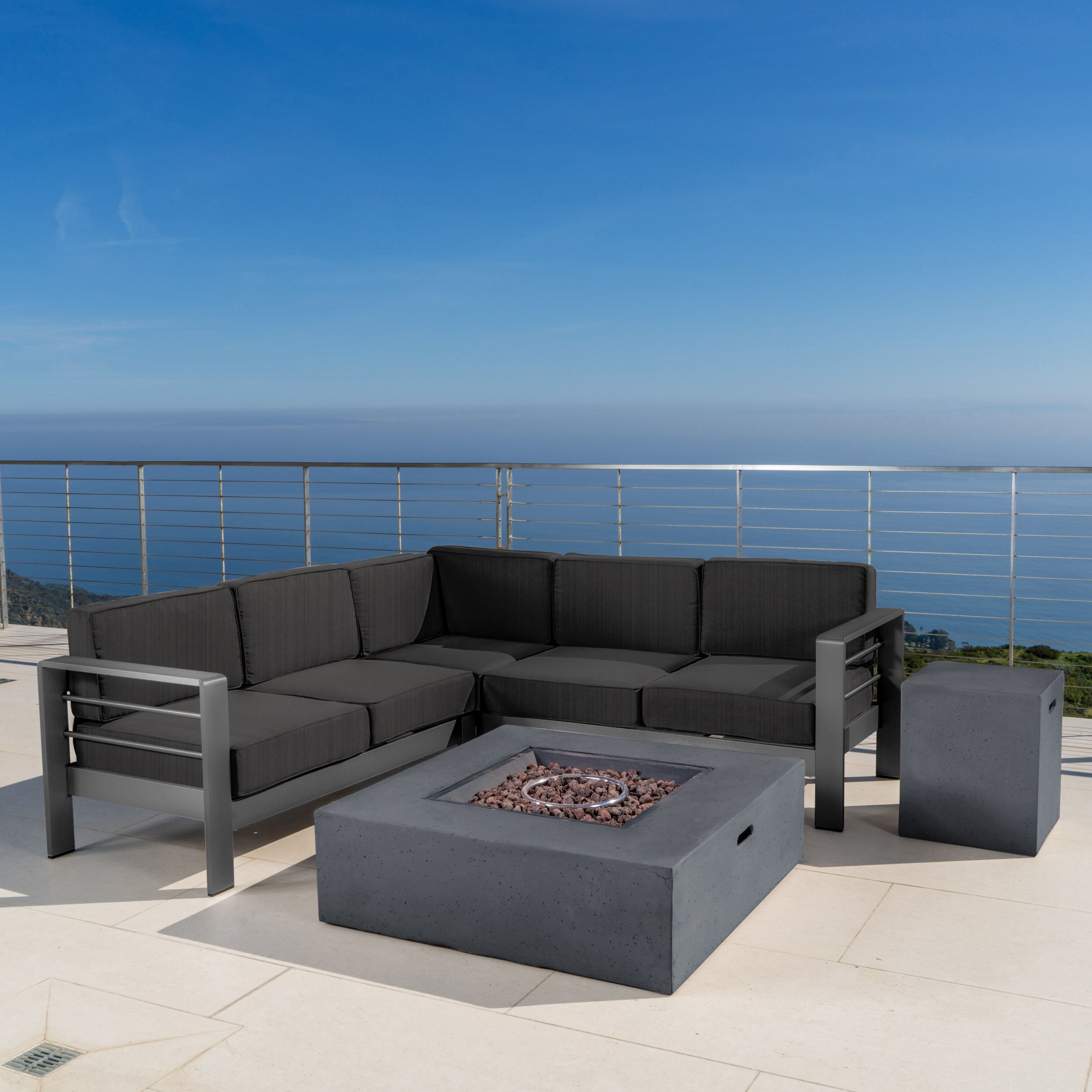 Noble House Miller Outdoor Aluminum 5 Piece V Shape Sectional Sofa Set Inside Gray Outdoor Table And Loveseat Sets (View 13 of 15)