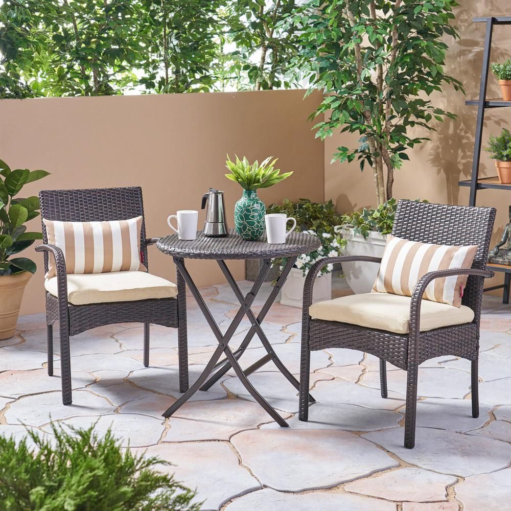 Noble House Multi Brown 3 Piece Wicker Outdoor Bistro Set With Cream With Outdoor Wicker Cafe Dining Sets (View 5 of 15)