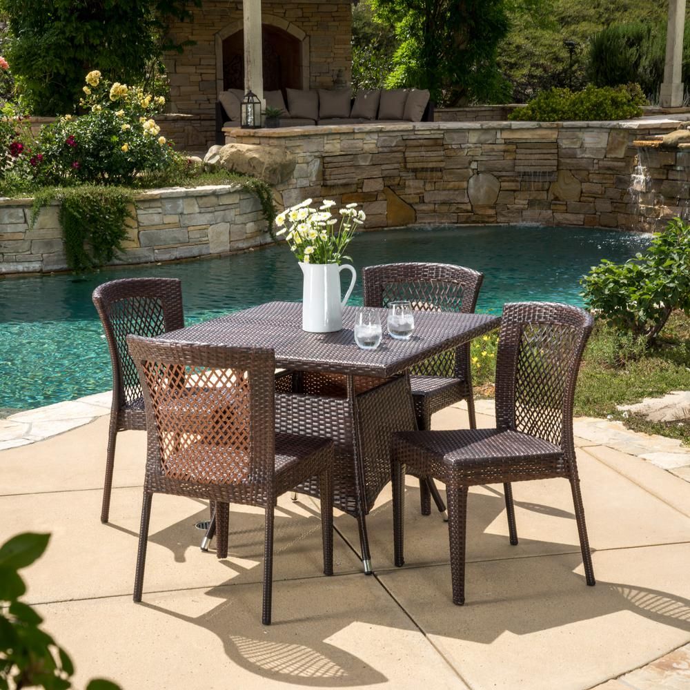 Noble House Multi Brown 5 Piece Wicker Square Outdoor Dining Set 295831 Pertaining To Rattan Wicker Outdoor Seating Sets (View 3 of 15)