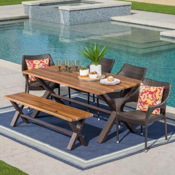 Noble House Multi Brown 6 Piece Wicker, Wood And Metal Rectangular Within Brown Wicker Rectangular Patio Dining Sets (View 14 of 15)