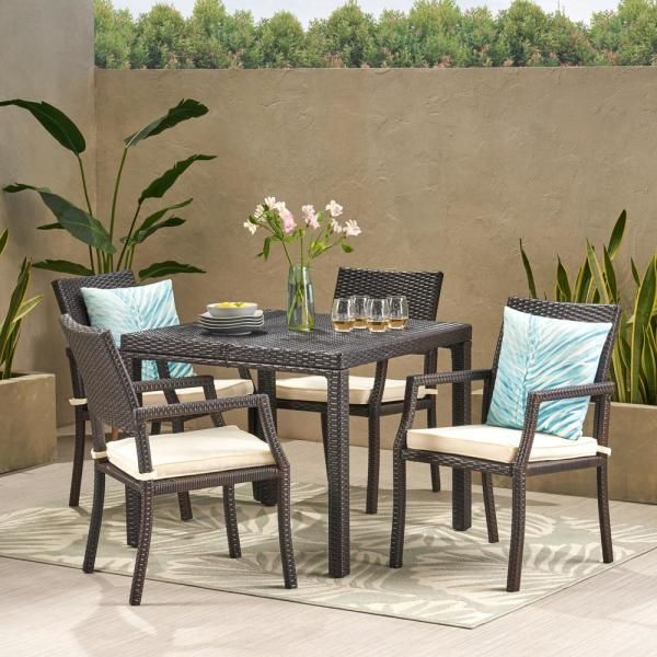 Noble House Multi Brown 7 Piece Wicker Rectangular Outdoor Dining Set In 7 Piece Patio Dining Sets With Cushions (View 10 of 15)
