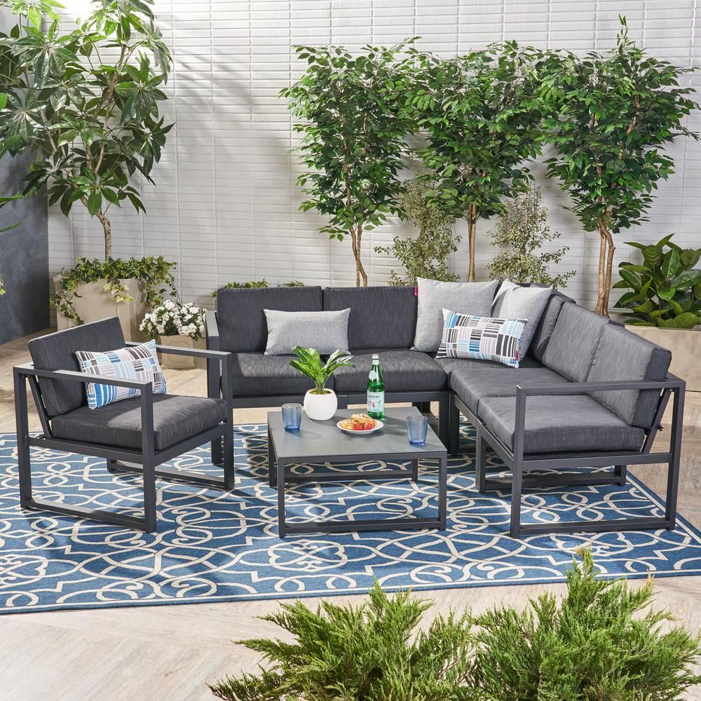 Noble House Navan Black 7 Piece Aluminum Patio Conversation Set With Pertaining To Patio Conversation Sets And Cushions (View 13 of 15)