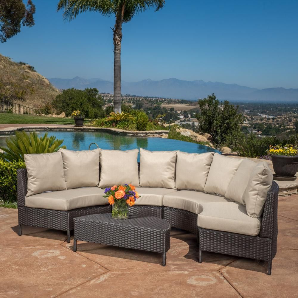 Noble House Newton Dark Brown 5 Piece Wicker Outdoor Sectional With For Dark Brown Patio Chairs With Cushions (View 7 of 15)