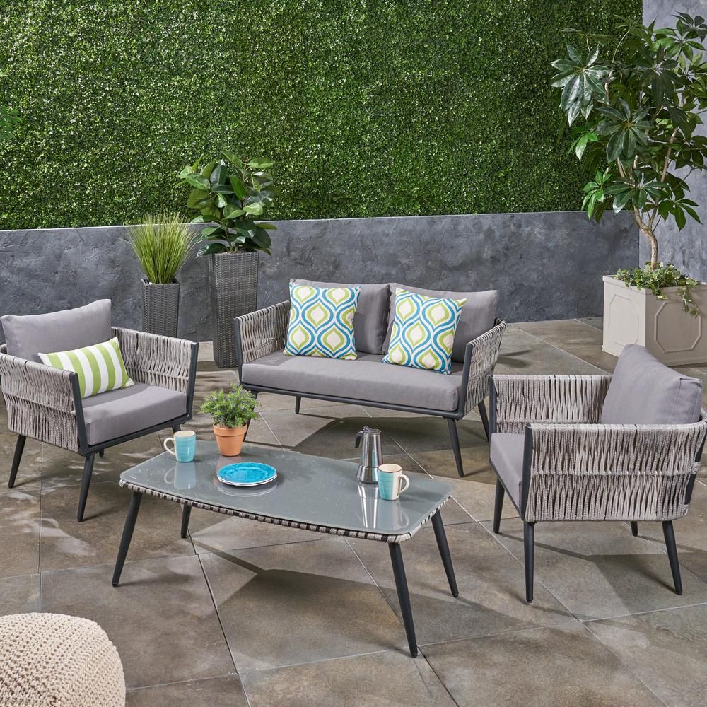 Noble House Oceanus Black Aluminum And Light Gray Wicker 4 Piece Patio Throughout Outdoor Wicker Gray Cushion Patio Sets (View 7 of 15)