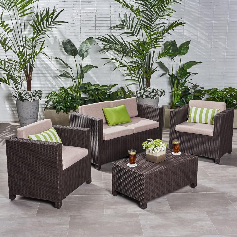 Noble House Primrose Dark Brown 4 Piece All Weather Faux Wicker Patio Within Brown Patio Conversation Sets With Cushions (View 2 of 15)