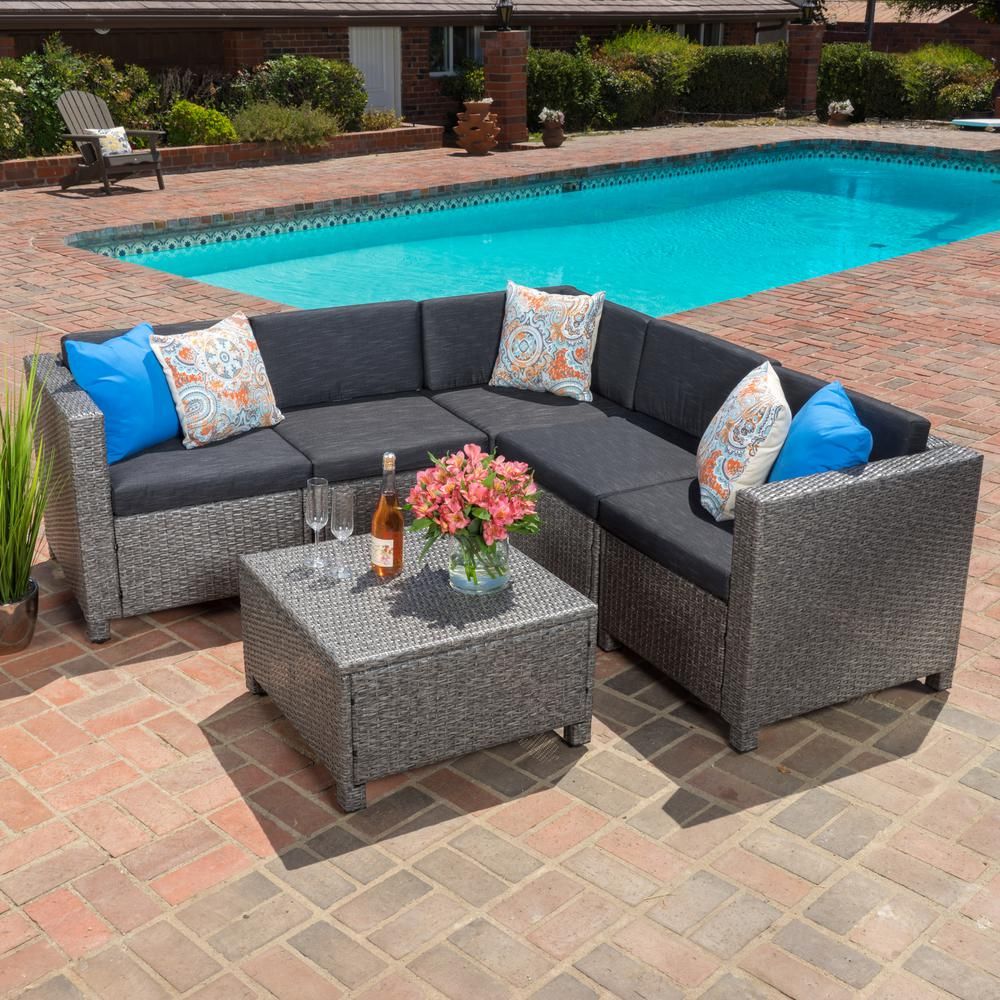 Noble House Puerta Dark Grey 6 Piece Wicker Outdoor Sectional Set With Throughout Outdoor Wicker Gray Cushion Patio Sets (View 13 of 15)