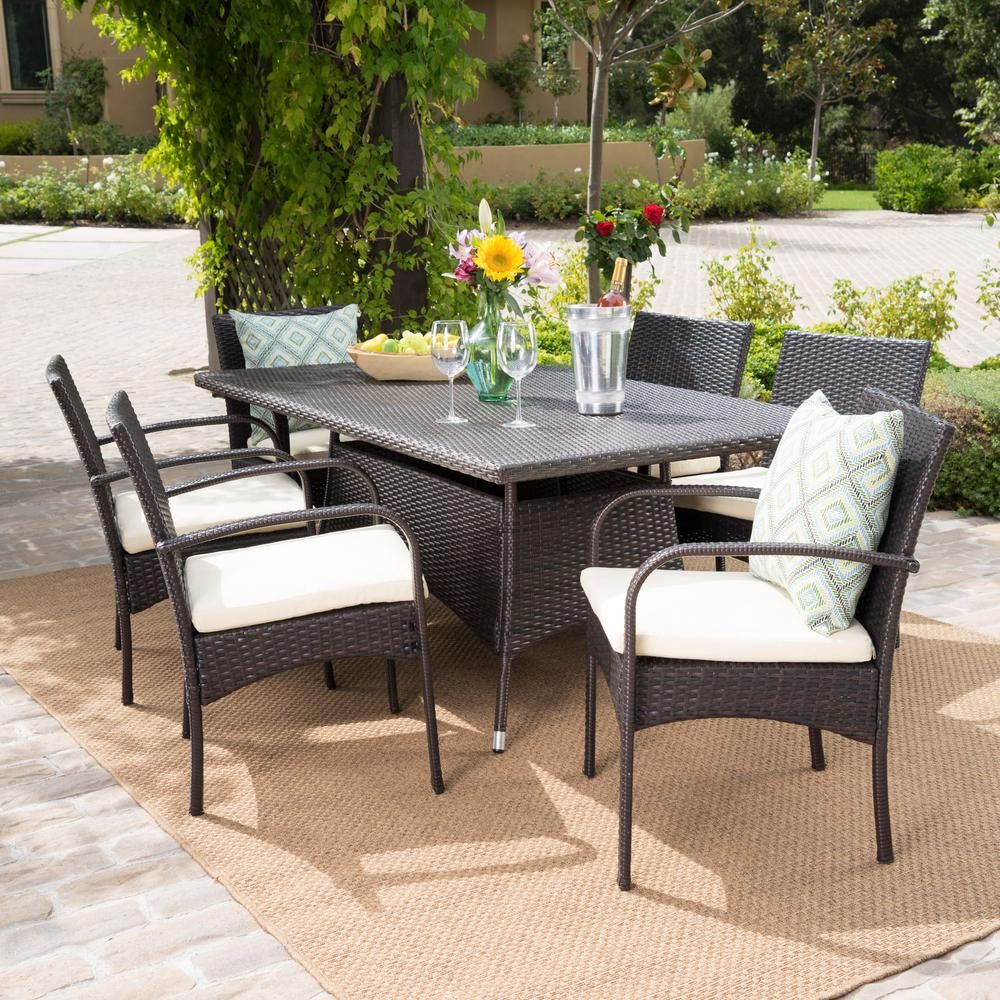 Noble House Rudolph Multi Brown 7 Piece Wicker Outdoor Dining Set In Outdoor Wicker Cafe Dining Sets (View 3 of 15)