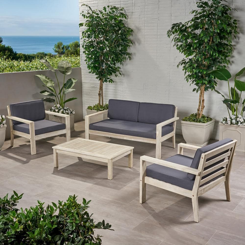 Noble House Santa Ana Brushed Light Grey Washed 4 Piece Wood Patio Pertaining To Gray Wood Outdoor Conversation Sets (View 2 of 15)