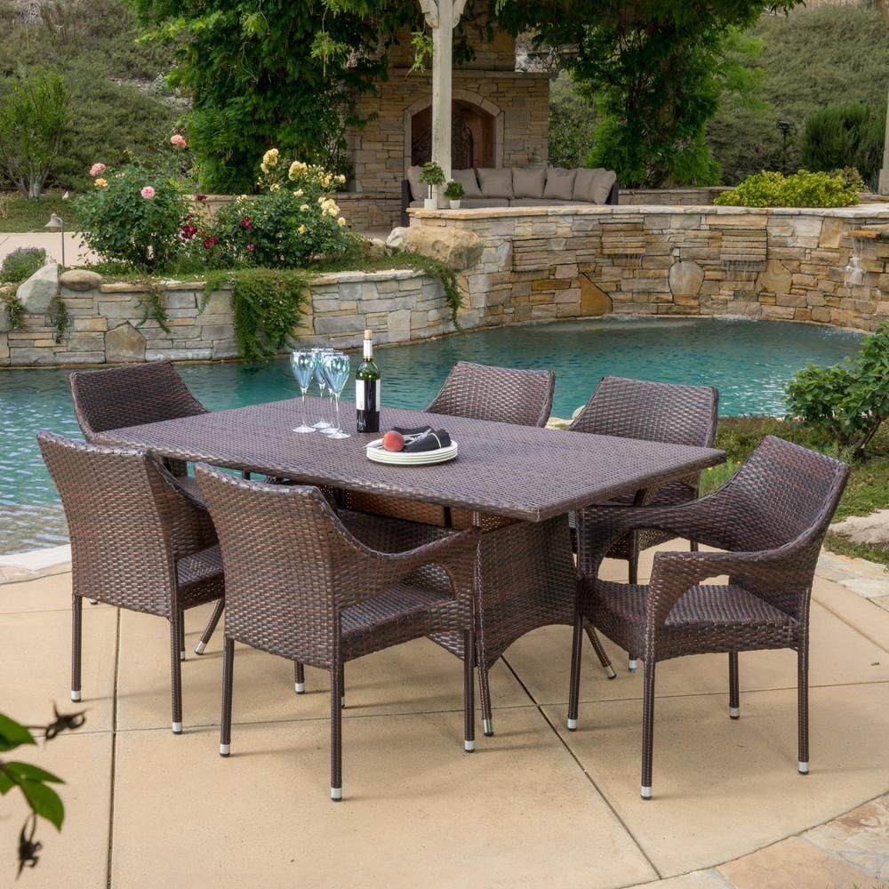 Noble House Sinclair Multi Brown 7 Piece Wicker Outdoor Dining Set In Pertaining To Brown Wicker Rectangular Patio Dining Sets (View 2 of 15)