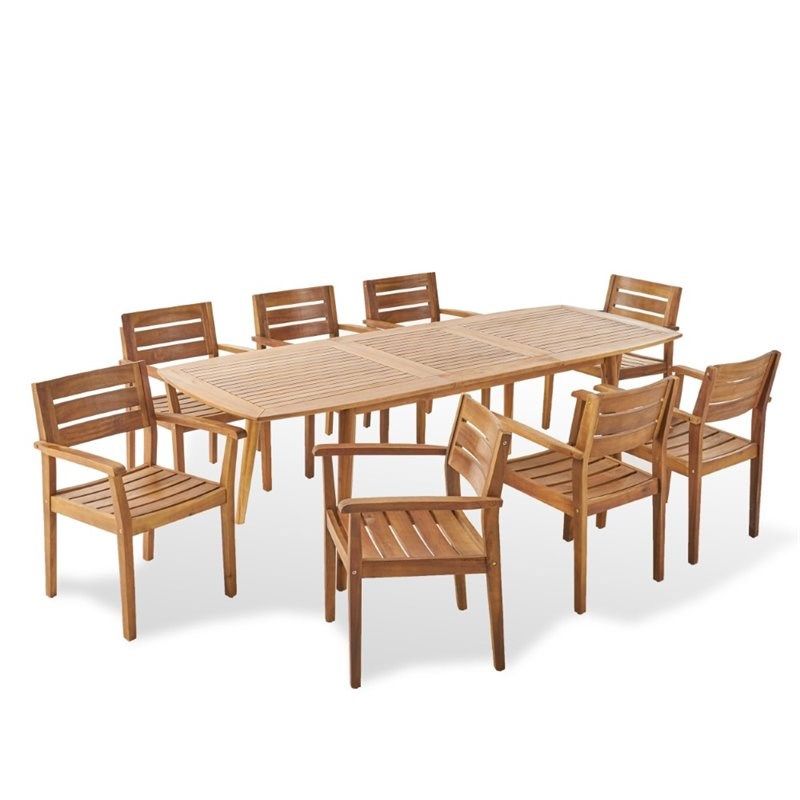 Noble House Stamford 9 Piece Outdoor Acacia Wood Dining Set In Teak With Regard To 9 Piece Teak Wood Outdoor Dining Sets (View 2 of 15)