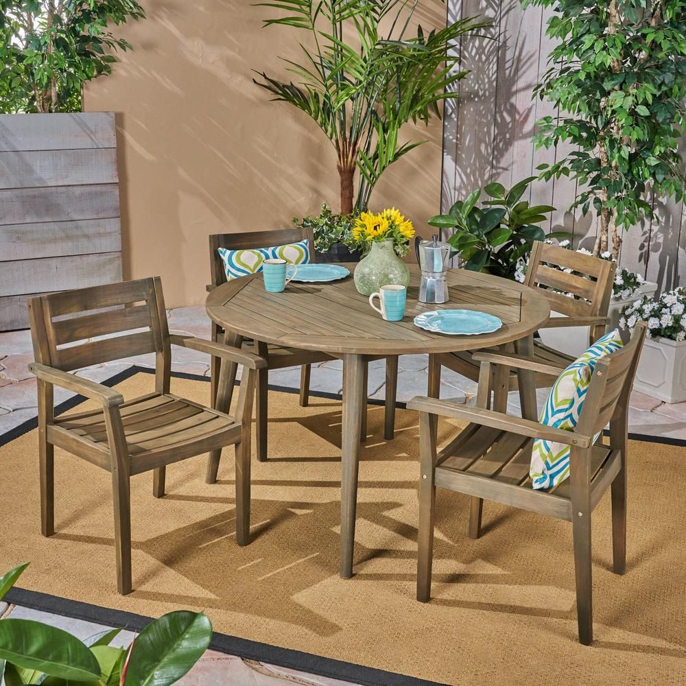 Noble House Stamford Grey 5 Piece Wood Round Outdoor Dining Set 53196 For 5 Piece Outdoor Bench Dining Sets (View 3 of 15)