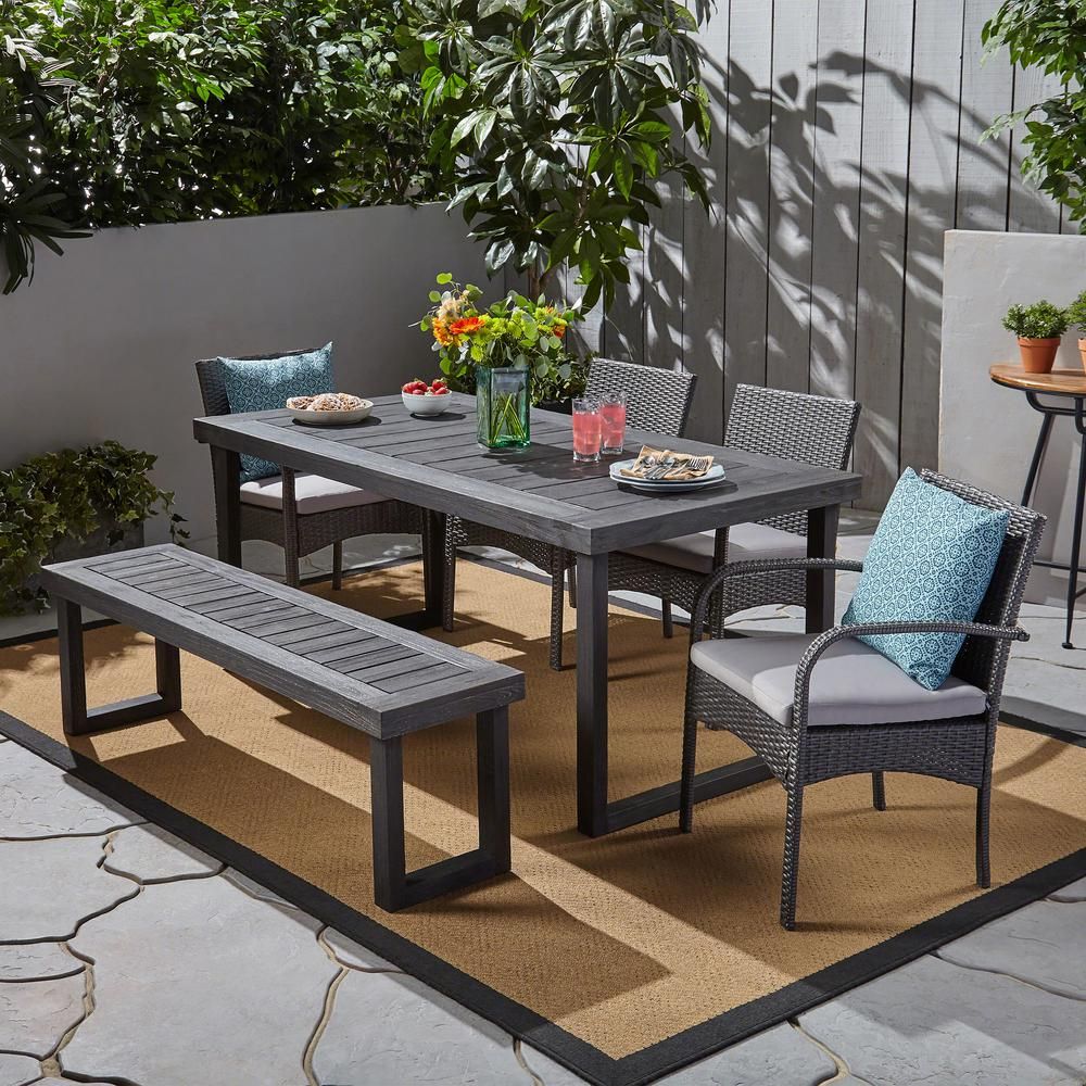 Noble House Stillwater Grey 6 Piece Aluminum And Wicker Outdoor Dining Intended For Gray Wicker Rectangular Patio Dining Sets (View 11 of 15)