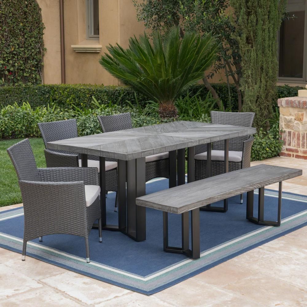 Noble House Taylor Grey Oak 6 Piece Polyethylene Wicker Outdoor Dining Throughout Gray Wicker Rectangular Patio Dining Sets (View 12 of 15)