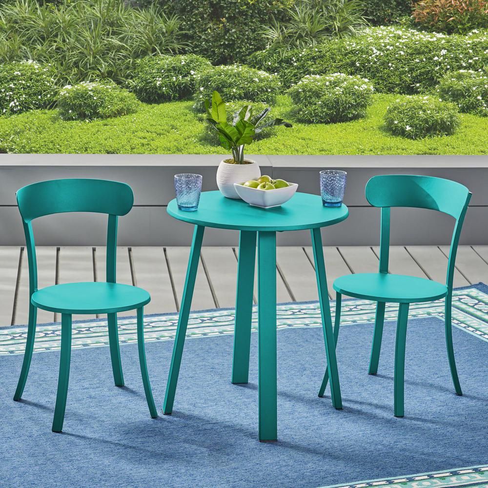 Noble House Teagan Matte Teal 3 Piece Metal Outdoor Bistro Set 304958 With Regard To 3 Piece Patio Bistro Sets (View 4 of 15)